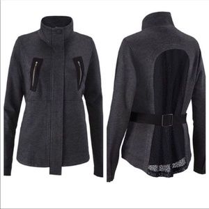 CAbi Love Carol Collection Mesh Back Ponte Knit Tie Belt Full Zip Utility Jacket